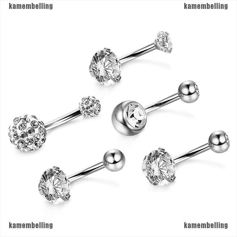 Bộ 5 Khuyên Rốn Bằng Thép Không Gỉ Đính Pha Lê