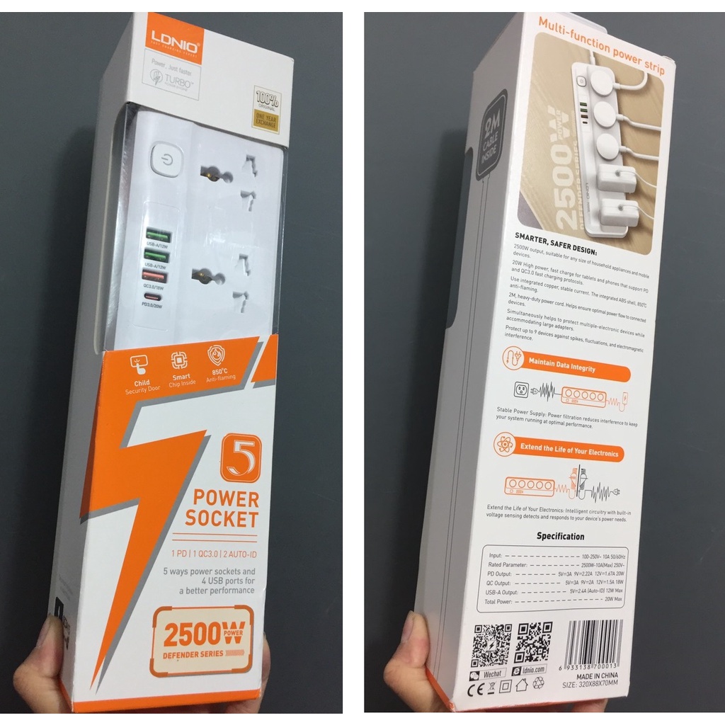 Ổ cắm đa năng 2500W tích hợp sạc nhanh PD20W QC18W LDNIO SC5415