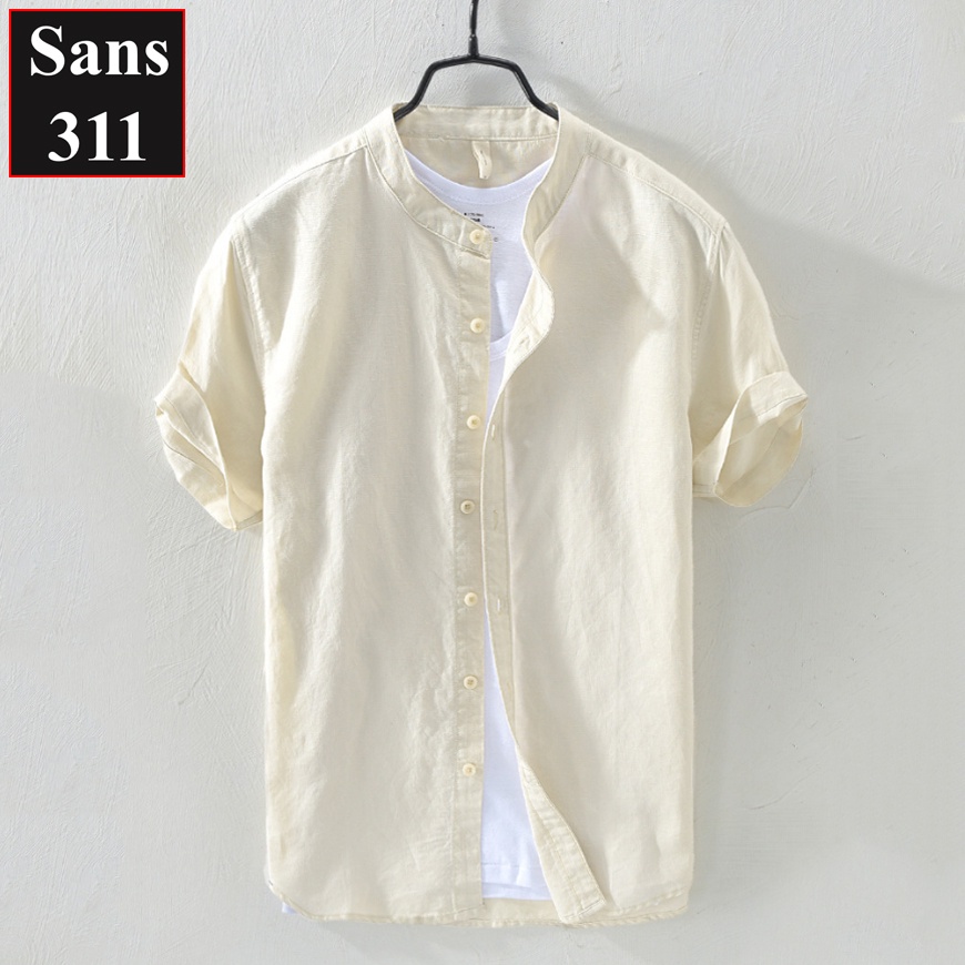 Áo sơ mi nam ngắn tay Sans311 chất linen đũi trơn thoáng mát đẹp cổ trụ cao cấp trắng xanh dương xám nhạt than be