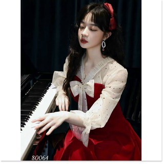 Đầm suông dự tiệc tay dài phối lưới sao thắt nơ cực xinh th b.by