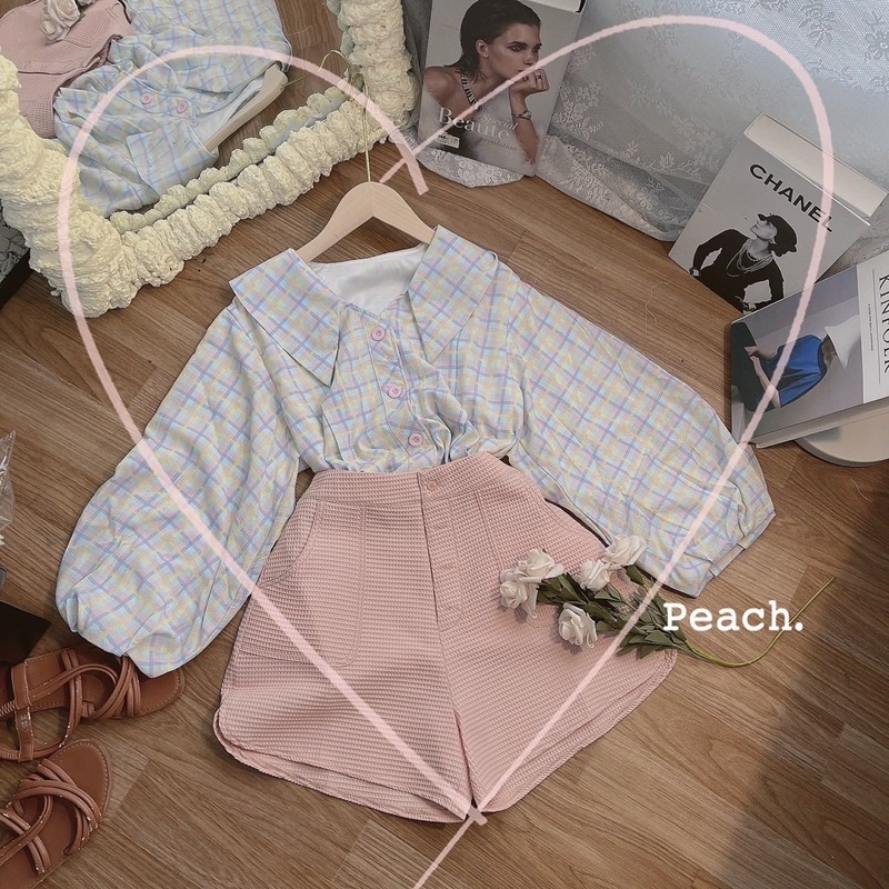 SET SƠMI CARO XANH CỔ NHỌN PHỒNG TAY + SHORT