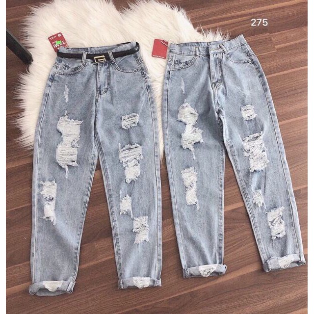 Quần baggy jean nữ lưng cao,màu xanh xịt thời trang, cắt rách gối 2 bên , LB171 LB Jean Fashion | BigBuy360 - bigbuy360.vn