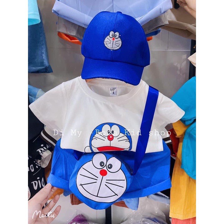 Bộ cộc tay bé trai, set 4 chi tiết , mũ, túi họa tiết doremon siêu ngộ nghĩnh cho bé