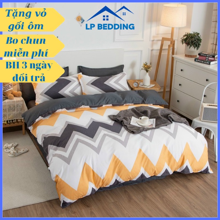 Chăn ga gối Poly cotton Hàn Quốc cao cấp sóng đen trắng vàng - Poly nhập khẩu