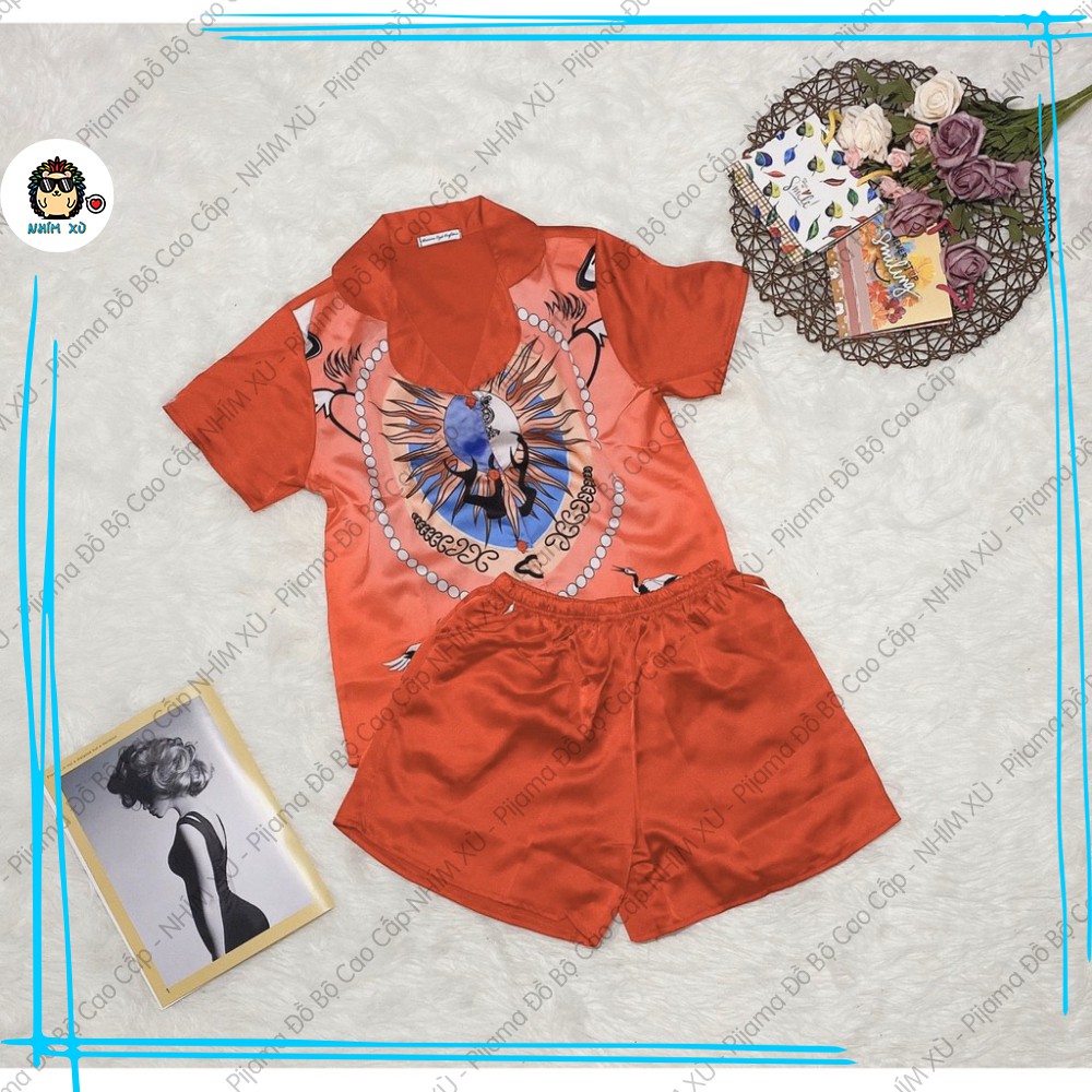 Đồ Bộ Ngủ Pijama Mặc Nhà Quần Đùi Áo Ngắn Tay Vải Satin Cao Cấp phối họa tiết mặt trời phong cách nghệ thuật lập thể | BigBuy360 - bigbuy360.vn