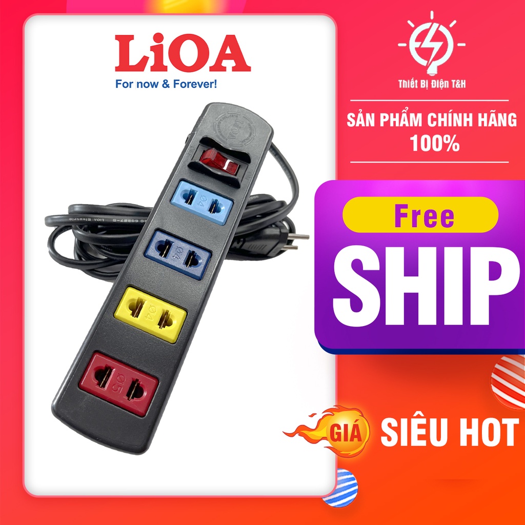 Ổ cắm điện LIOA, 2200W, 4 ổ cắm, 1 công tắc, dây dài 3 mét, 5 mét, 4S3 - 4S5 - Thiết Bị Điện T&amp;H