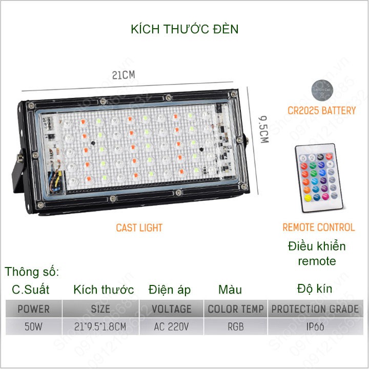 Đèn led pha đổi màu RGB 50W-220V kèm điều khiển từ xa-Remote