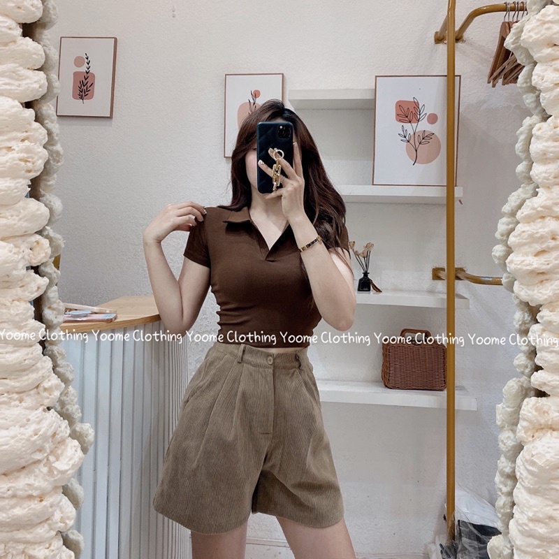 Áo croptop cổ bẻ polo đức cổ V chất cotton hàn cho nữ Yoomeclothing