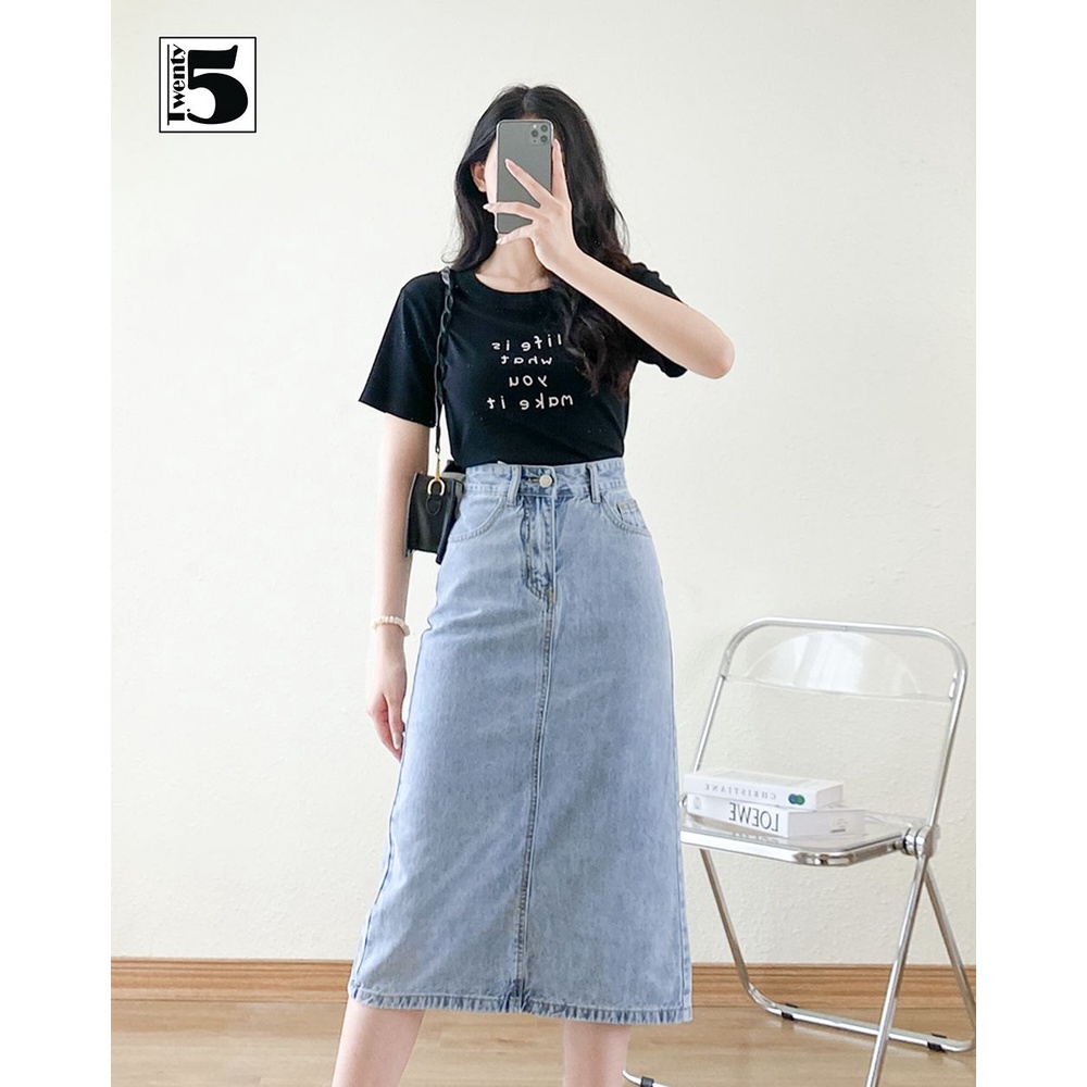 Chân váy jeans nữ mềm eo cao dáng dài xẻ sau Twentyfive Fashion 4089