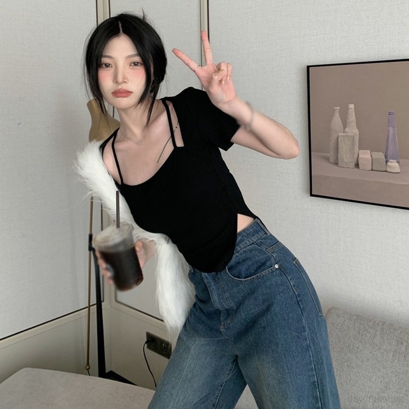 Áo Thun Croptop Tay Ngắn Cổ Vuông Màu Sắc Đơn Giản Cho Nữ