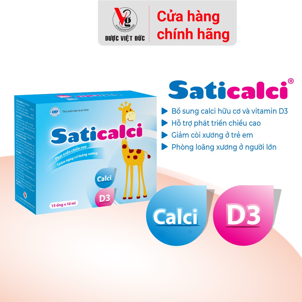 Thực phẩm chức năng bảo vệ sức khoẻ SatiCalci bổ sung canxi, hỗ trợ phát triển chiều cao hộp 15 ống