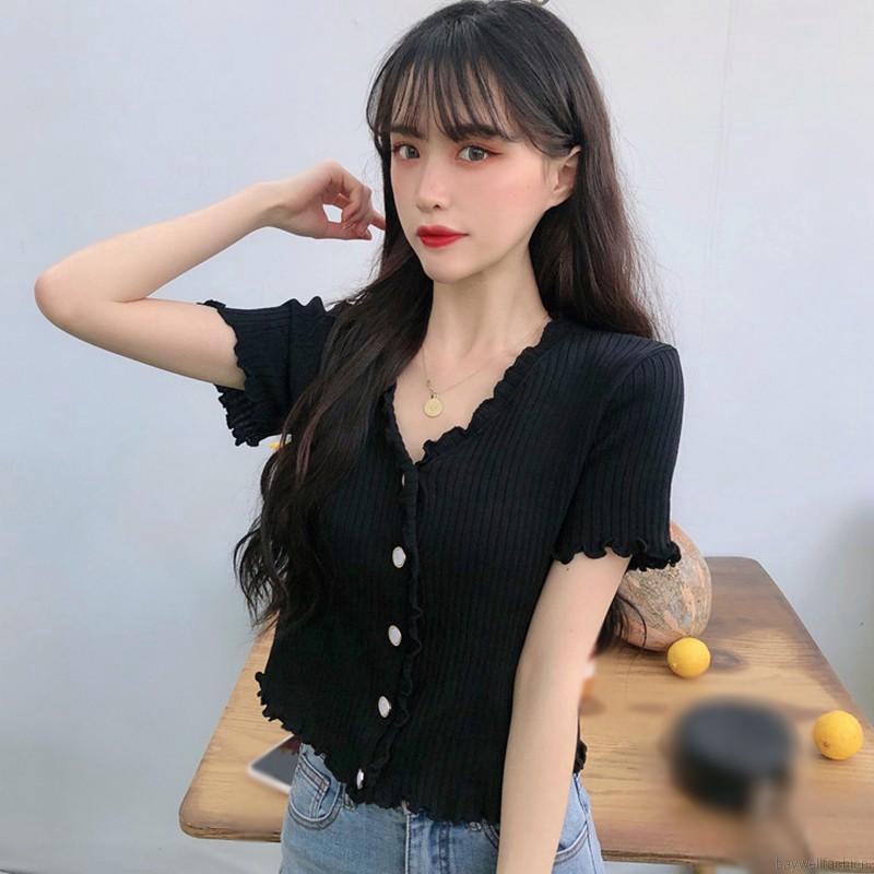 [Baywellfashion]Áo Len Nữ Tay Ngắn Cổ Chữ V Thời Trang Quyến Rũ | BigBuy360 - bigbuy360.vn