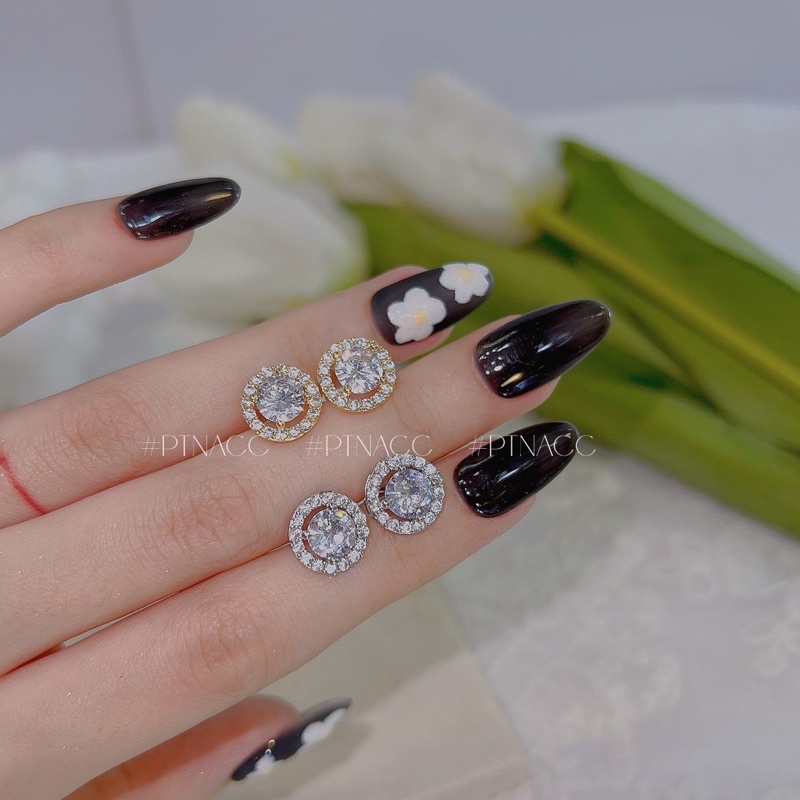 Bông tai, khuyên tai xi bạch kim xi mạ vàng đá tròn siêu sáng 6li .PTNACC.