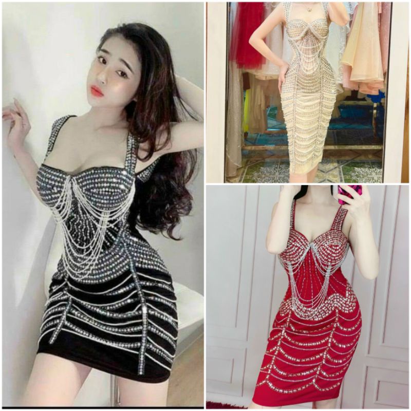 Đầm váy thiết kế ôm body cúp ngực kết hạt kết đá thủ công sắc xảo sang chảnh sang trọng lấp lánh