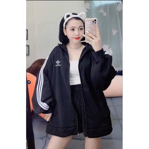 Áo Khoác Nỉ Adidas Nữ - Áo mùa đông form rộng tay bồng kẻ sọc tay, thiết kế đơn giản, bắt mắt HOT