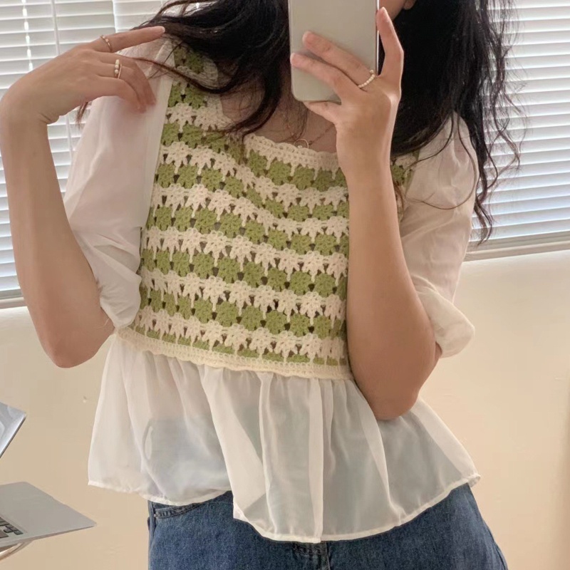 Brroa Áo Sơ Mi Chiffon Tay Lửng Thêu Họa Tiết Khối Màu Thời Trang Mùa Hè Cho Nữ