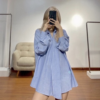 Áo sơ mi thô vạt chéo kẻ sọc oversize (ảnh thật)