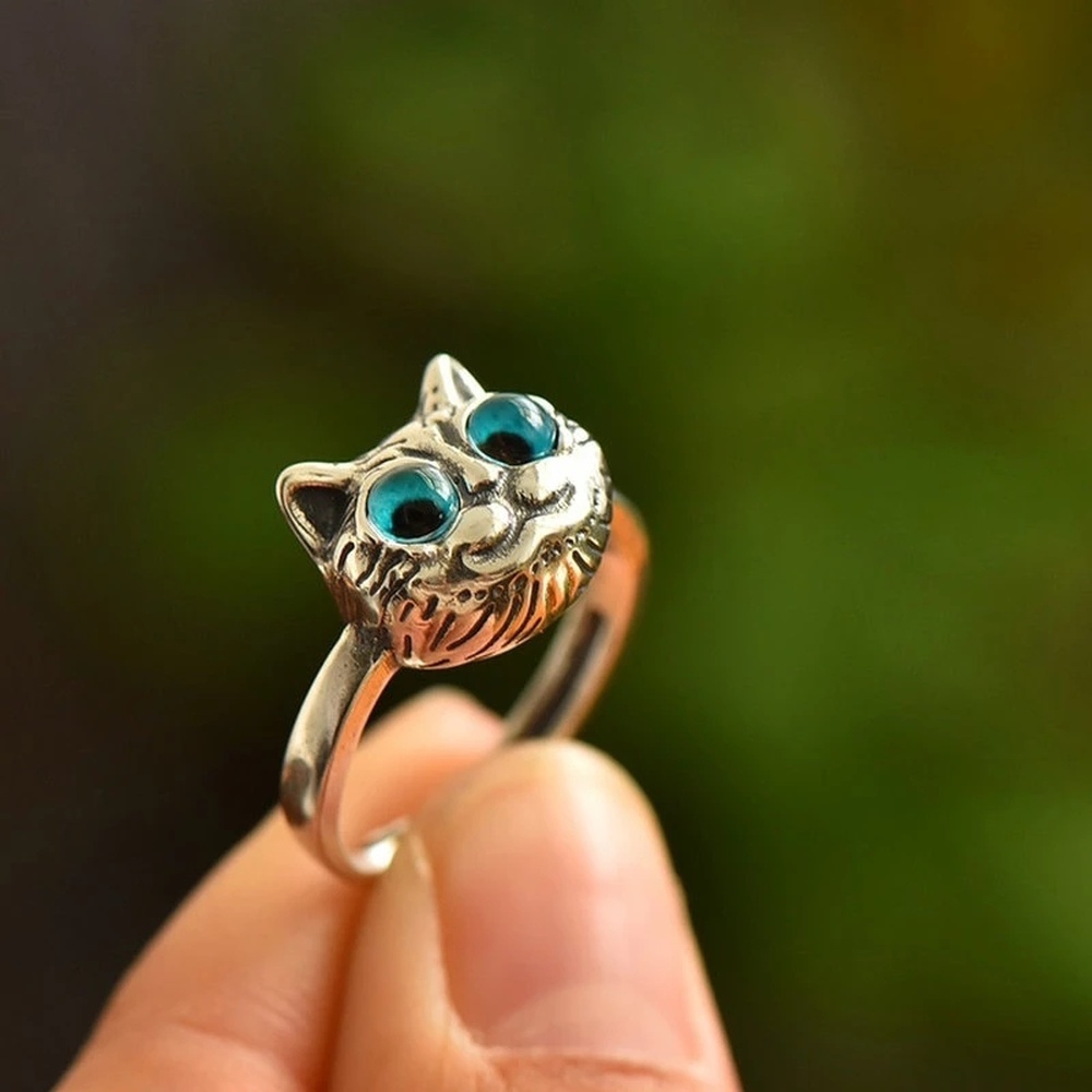 Nhẫn Hở Hình Mèo Mắt Xanh Dương Dễ Thương Có Thể Điều Chỉnh Màu Bạc Phong Cách Gothic Cho Nữ