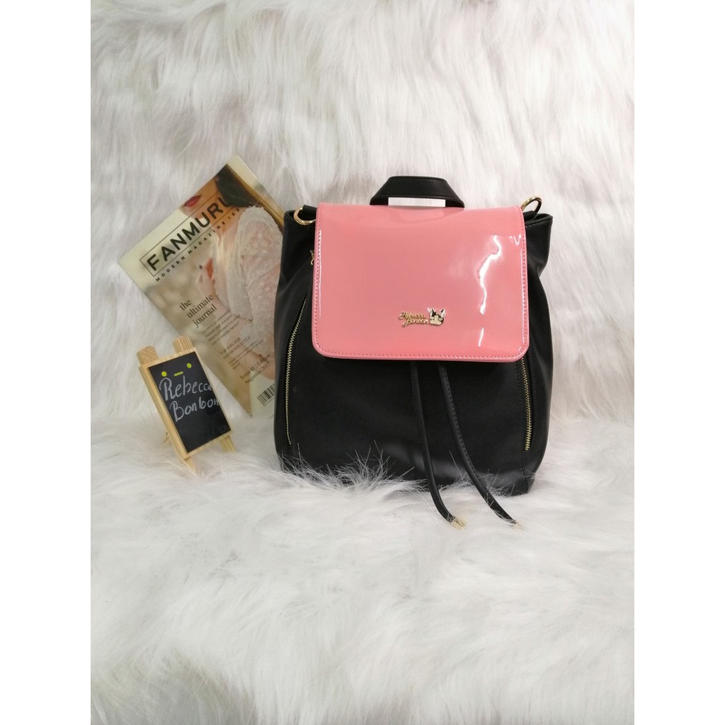 Ba lô phối hồng sen và đen PU #RebeccaBonbon chú cún Nhật Bản