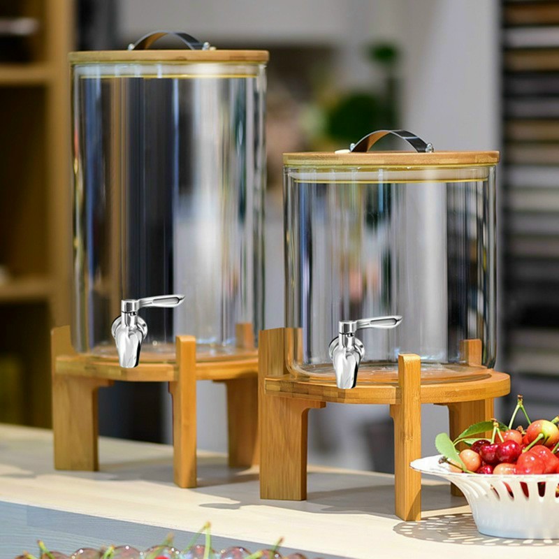 BÌNH THỦY TINH ĐẾ GỖ VÒI TRẮNG INOX CAO CẤP CHỊU NHIỆT NÓNG LẠNH 400 ĐỘ