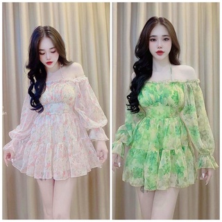 Đầm xoè voan hoa trễ vai phong cách ngọt ngào