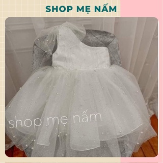 Đầm bé gái lệch vai đính nơ dáng xòe phồng công chúa ren kim tuyến đính ngọc trắng/hồng ruốc - Shop Mẹ Nấm
