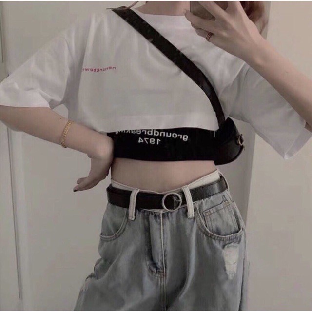 [Hàng Có Sẵn] Set Áo Thun Croptop Nữ Thêu Ground Breaking 1874_Hình Thật kèm Video