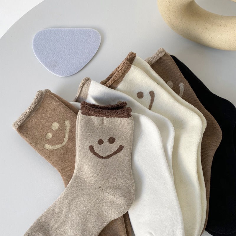 Tất, Vớ Cotton Cao Cổ Hình Mặt Cười Smiley Tone Be Nâu