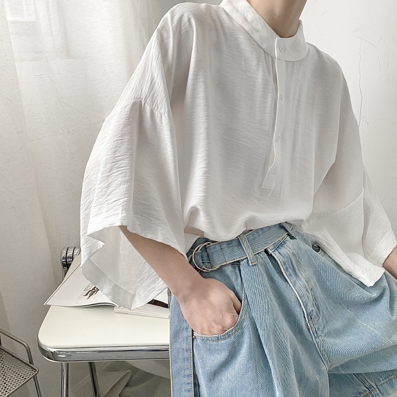 Áo thun tay ngắn cổ đứng form rộng phong cách Nhật Bản thời trang nam