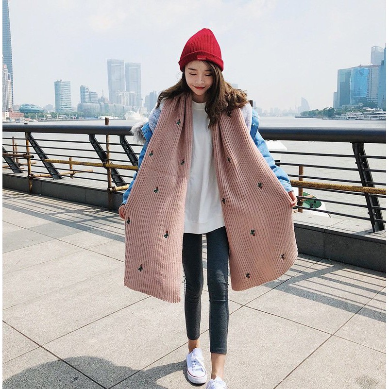 Khăn quàng len thêu họa tiết xương rồng bản to mùa đông