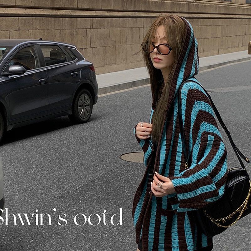 Áo Khoác Cardigan Có Nón Họa Tiết Kẻ Sọc Chất Liệu Dệt Kim Cao Cấp Thời Trang Mùa Xuân Thu Cho Nữ