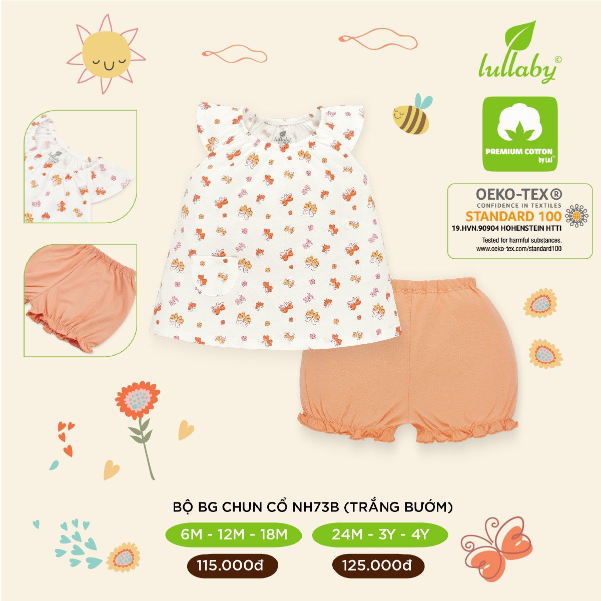 [Hàng Auth - Chọn màu] Bộ quần áo Cotton Lullaby cổ chun mẫu hè 2021 cực mát cho bé từ 0 đến 4 tuổi