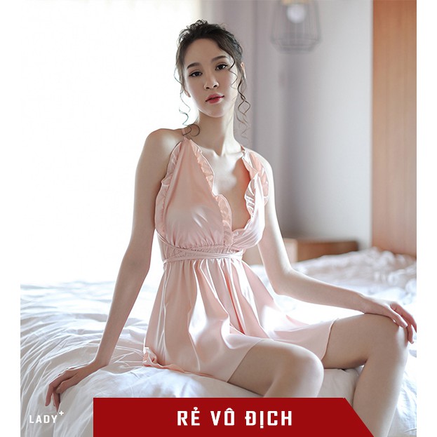 Đầm ngủ lụa hai dây Đồ ngủ Sexy bèo nhún ngực VN007