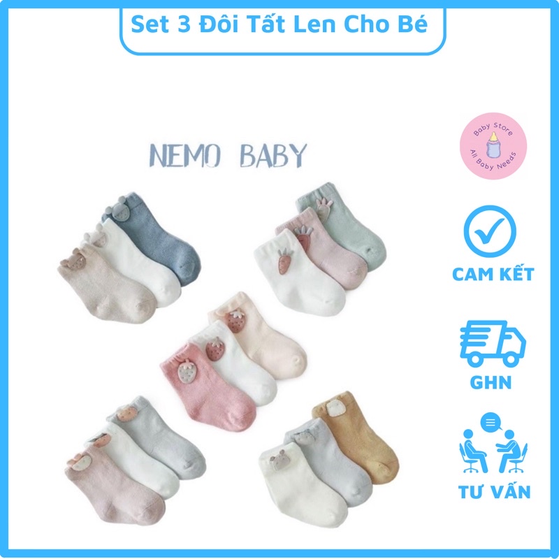 Tất Trẻ Em, Set 3 Đôi Tất Len Hàn Quốc Trẻ Em Siêu Xinh Cho Bé Trai Bé Gái