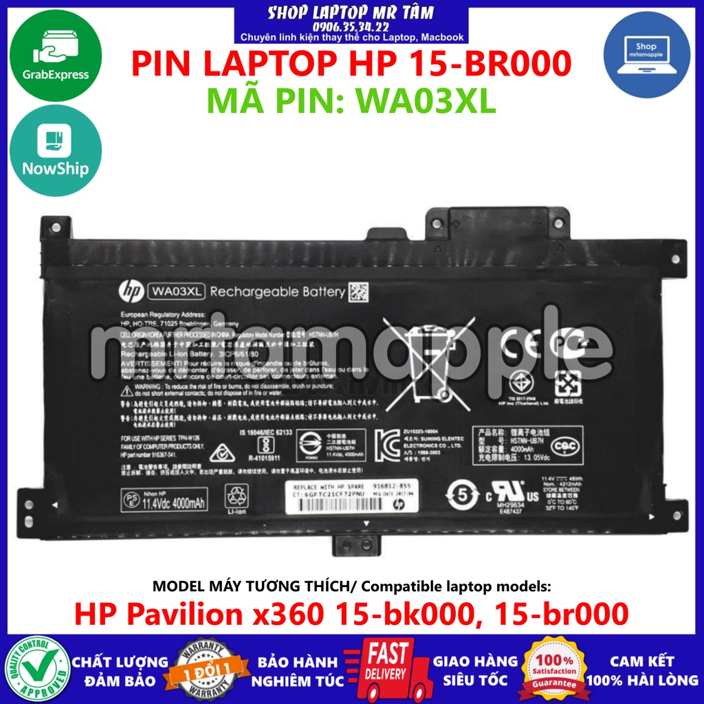 (BATTERY) PIN LAPTOP HP 15-BR000 WA03XL (ZIN) (3 CELL) dùng cho Pavilion x360 15-bk000, 15-br000, WA03XL