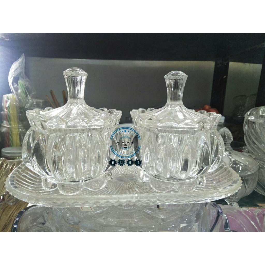 bộ 2 hũ mứt thủy tinh kèm khay