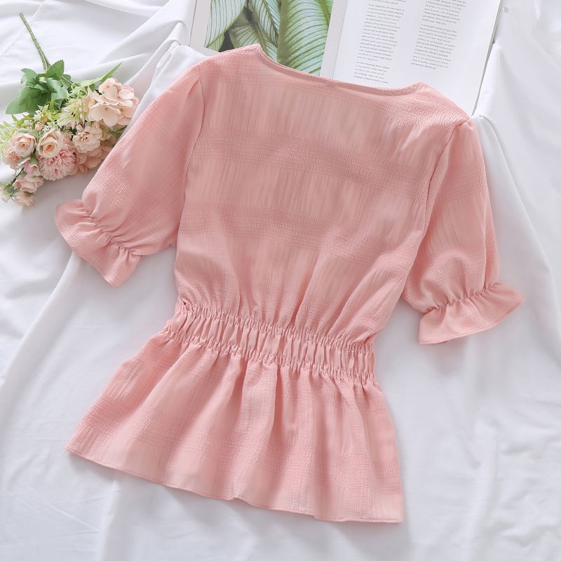 Áo Sơ Mi Trơn Ngắn Tay 162548 Áo Sơ Mi Mỏng Thắt Eo Thiết Kế Gấp Được Dễ Phối Đồ