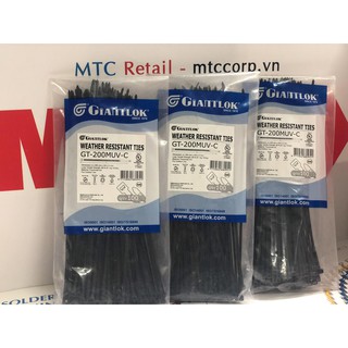 Túi 100 Dây thít, dây rút nhựa màu đen 200×2.5mm chống tia UV GT200MBC UV nhập khẩu Giantlok-Thái Lan