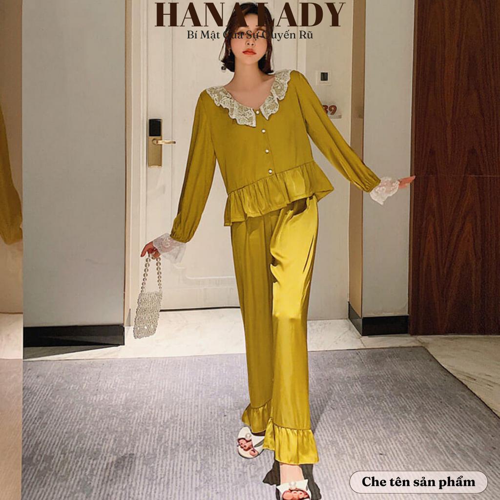 Đồ bộ mặc nhà - Pijama lụa cao cấp tiểu thư phối ren bèo PJ494