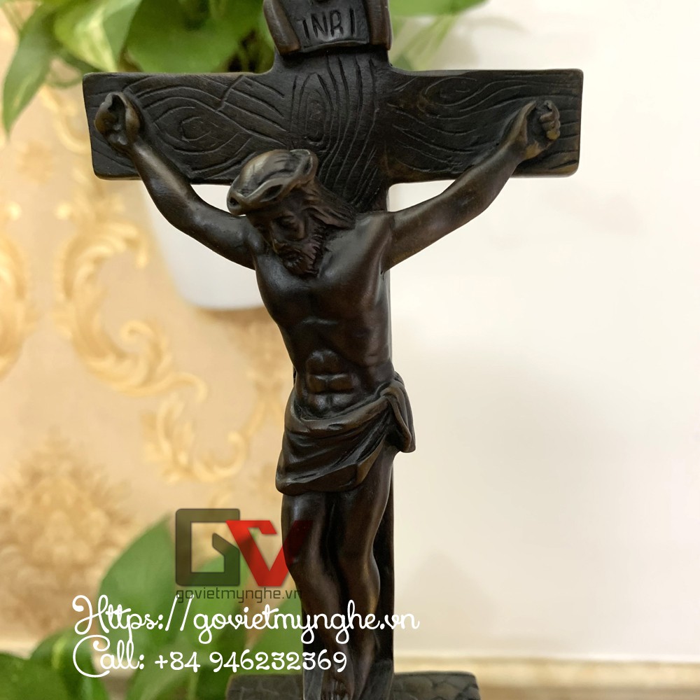 [Cây thánh giá] Tượng đá trang trí cây thánh giá hình chúa Jesus với chữ INRI - Chiều cao 21cm - Màu nâu đen
