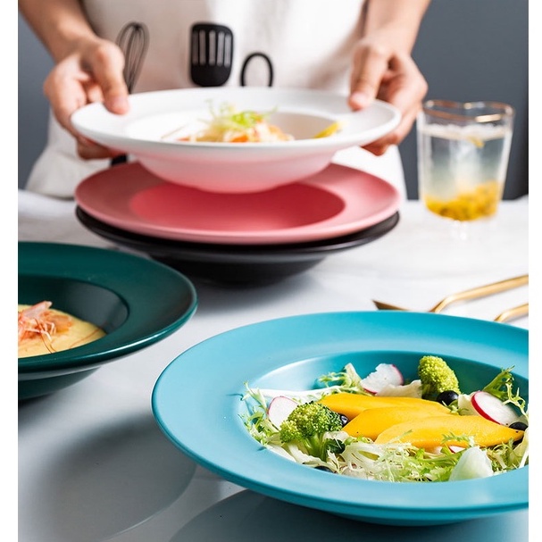 Đĩa mì Ý 24cm phong cách Bắc Âu, đĩa sâu lòng viền rộng nhiều màu- Chất sứ cao cấp xuất khẩu