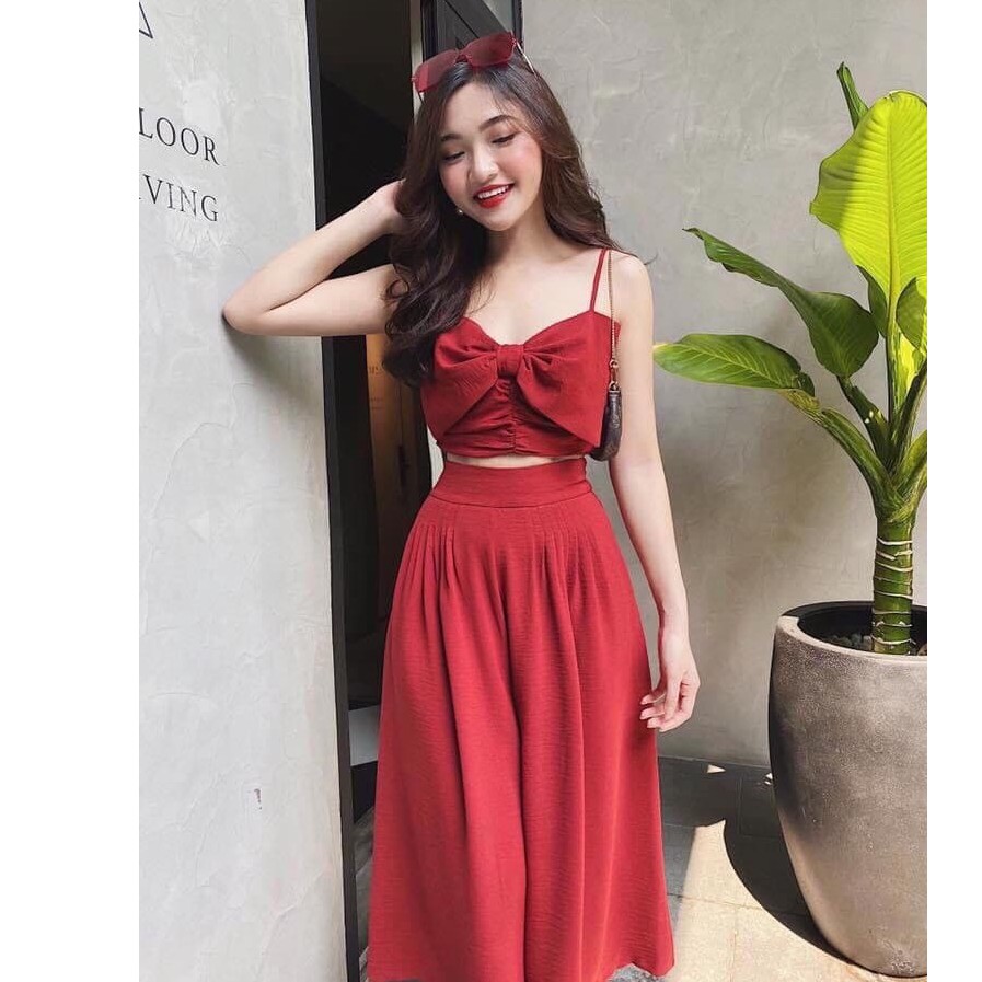 Set Bộ Nữ Thắt Nơ 2 Dây Quần Ống Rộng Phong Cách Tinh Tế Thời Trang