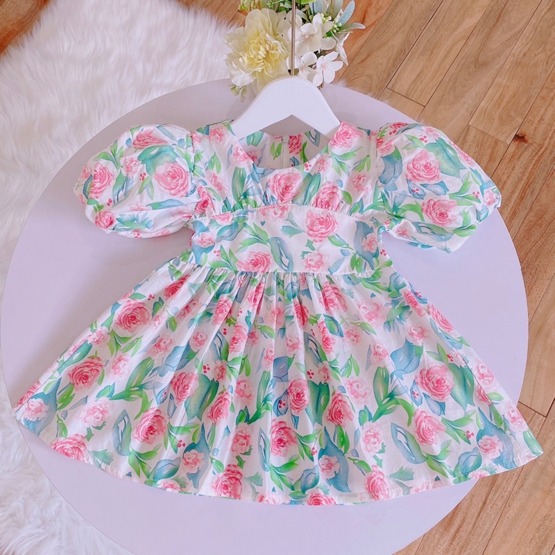 Váy trẻ em Váy hoa hồng xanh tay phồng sang xịn tiểu thư cho bé gái