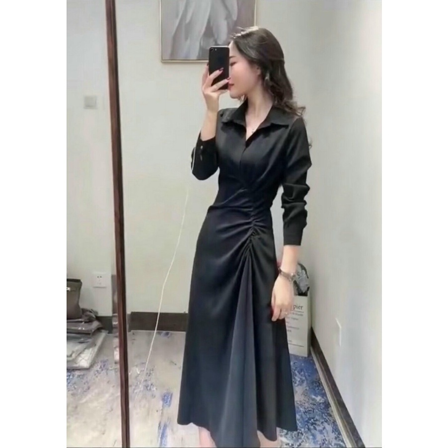 Đầm đi tiệc thiết kế dáng xòe nhún eo cổ sơ mi chất liệu phi lụa (full 2 lớp) xịn sò sang chảnh XM MINH PHÚC