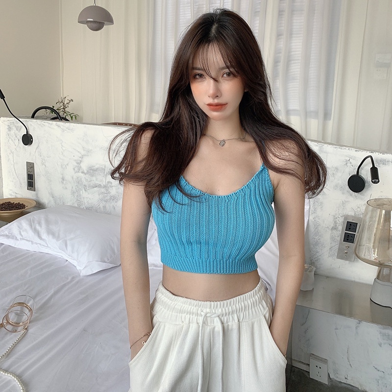 Áo Dệt Kim Hai Dây Dáng Ngắn Họa Tiết Kẻ Sọc Màu Sắc Thời Trang Mùa Hè Quyến Rũ Dành Cho Nữ