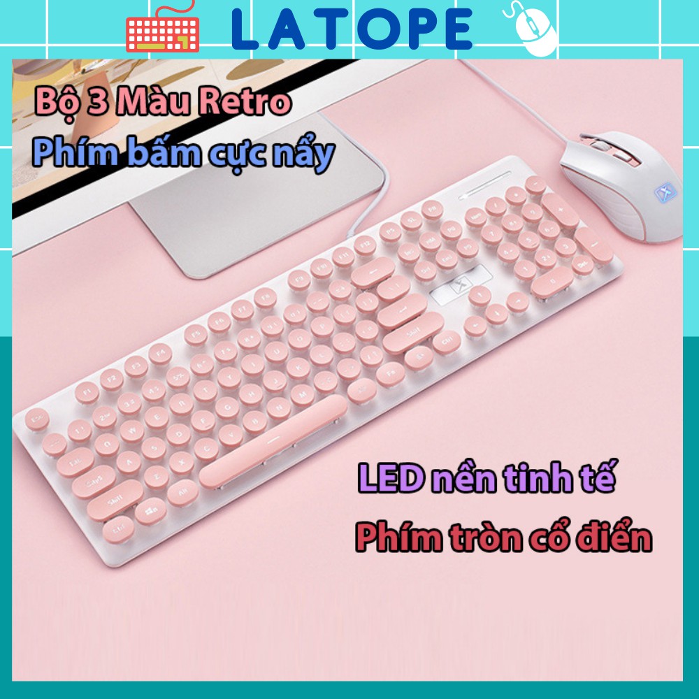 Bộ bàn phím chuột máy tính Latope bàn phím giả cơ có dây nút tròn màu sắc độc đáo N518