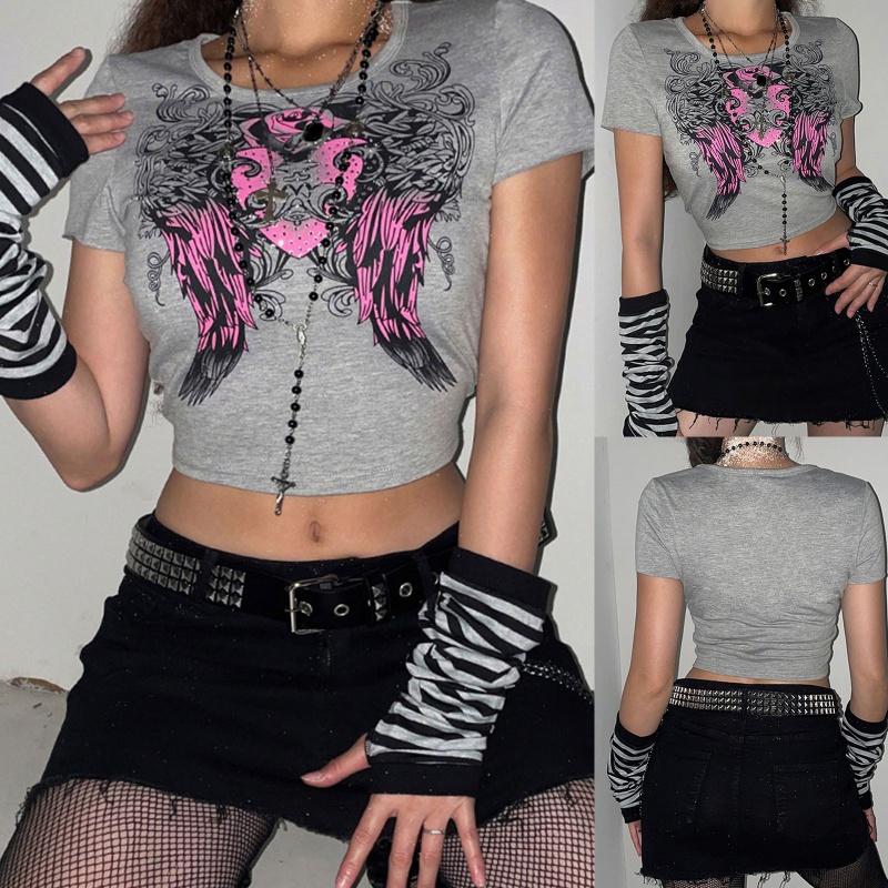 Áo Thun Crop Top Tay Ngắn Dáng Ôm In Họa Tiết Hoa Hồng / Cánh Trái Tim Đính Đá Phong Cách Gothic Harajuku Cho Nữ