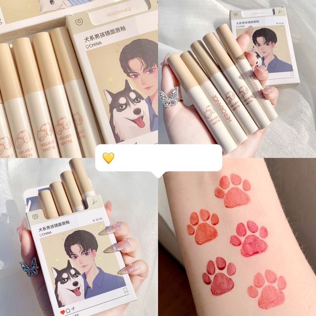 Set 5 son lì thiết kế vỏ họa tiết chú mèo dễ thương xinh xắn (có bán lẻ son bóng)