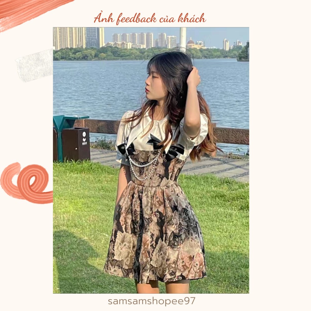 Set áo sơ mi và váy hai dây in hình mèo xinh xắn