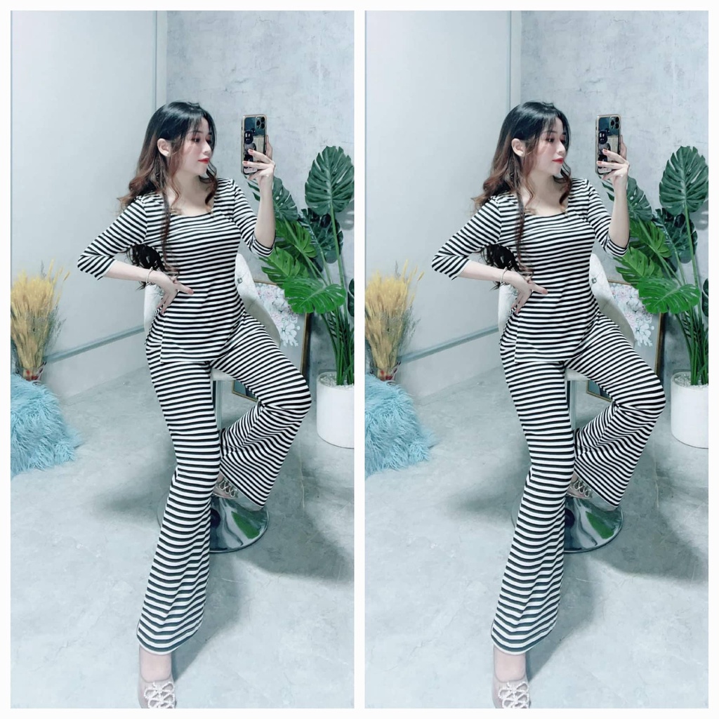 Đồ bộ nữ, set đồ bộ quần ống loe đai cao siêu cao, áo ôm dài tay xẻ tà vải thun cotton gân borip dầy dặn co giản